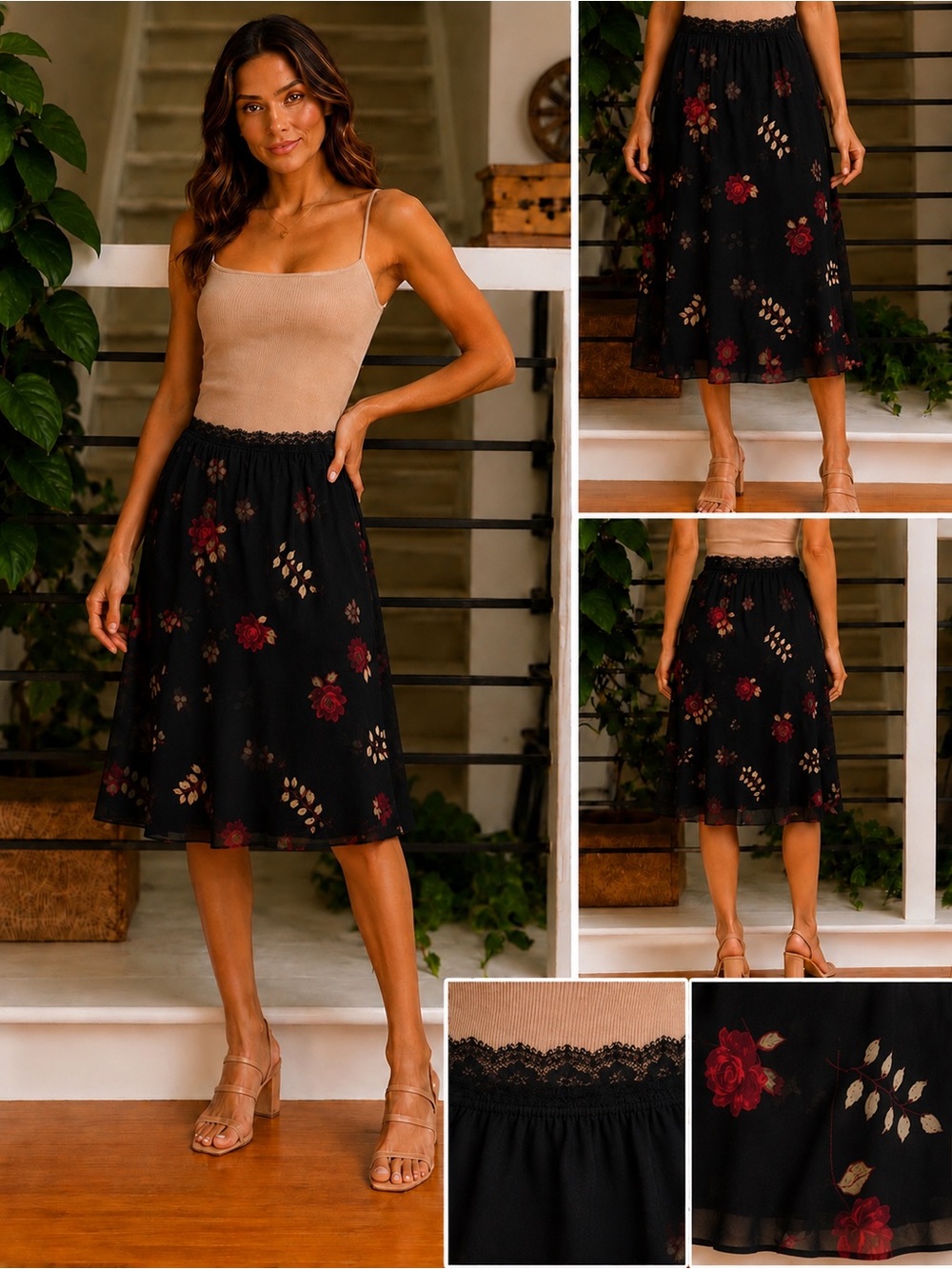 Vintage Silvergate Black Sheer Rose Print Midi Skirt Lace Waist Size L